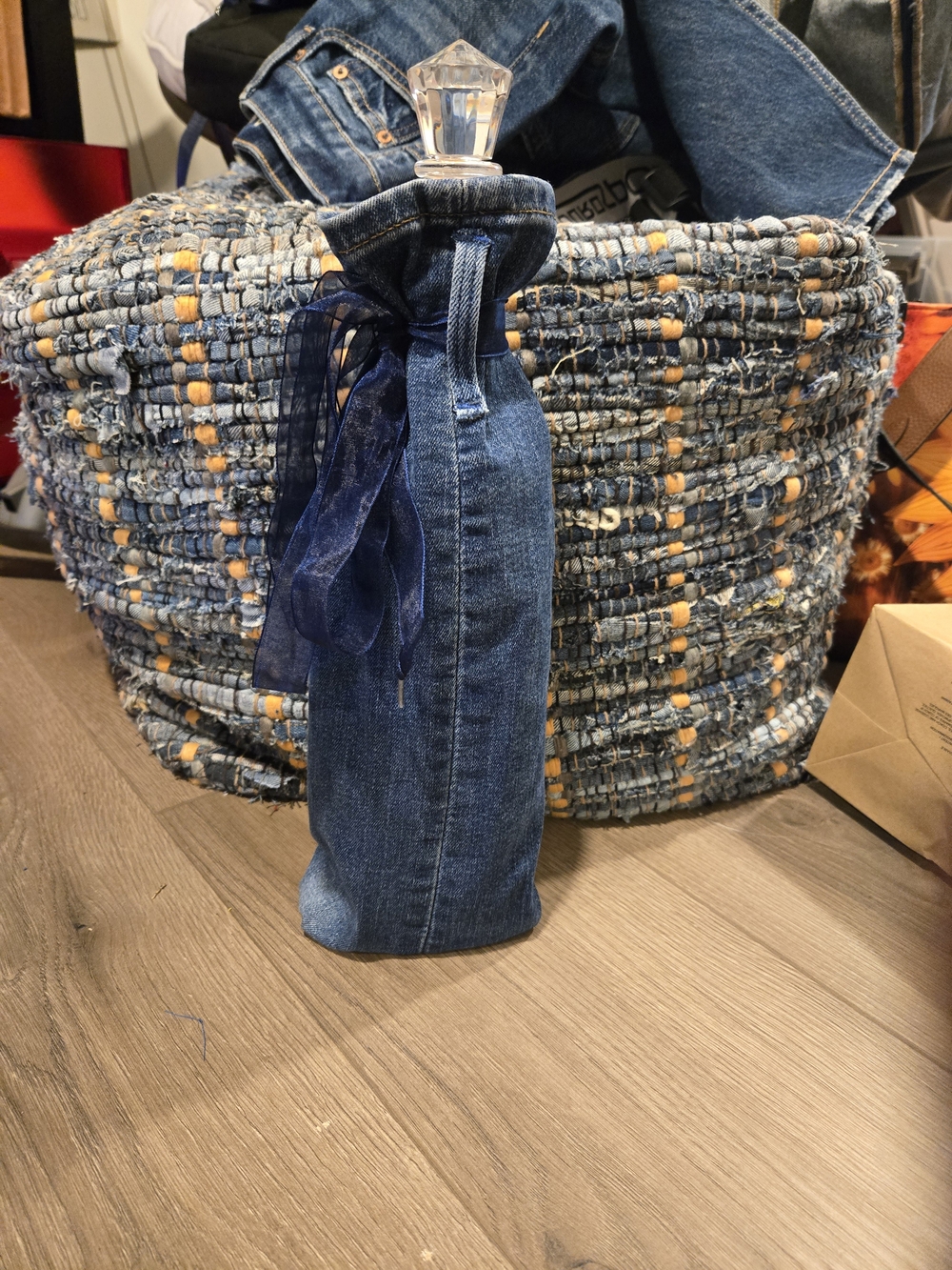 Denim Wine Bottle Cover with Ribbon - Blue